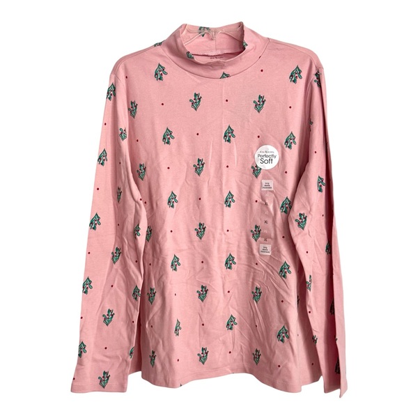 Kim Rogers Perfectly Soft Long Sleeve Mock Neck Pink Cotton Top Mistletoe Print - Picture 1 of 5